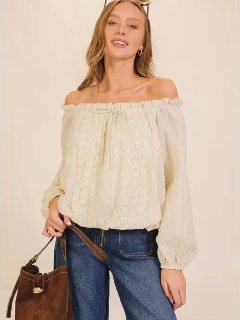 017. Off-Shoulder Cream Lace-Trim Women's Top, various sizes